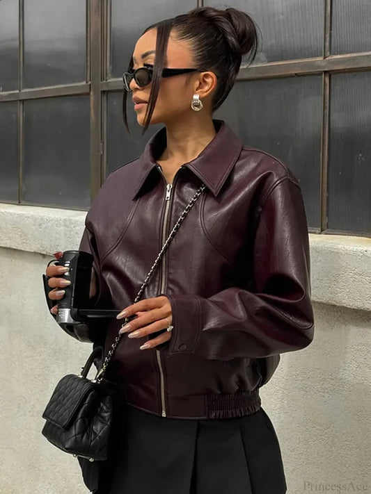 Vintage Solid PU Leather Coat Wine red / S