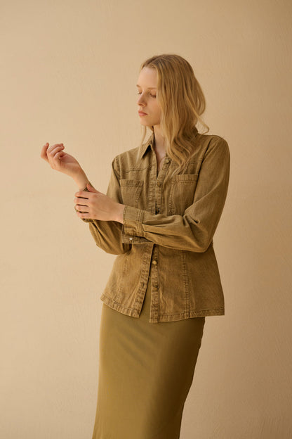 Washed denim cinched-waist shirt