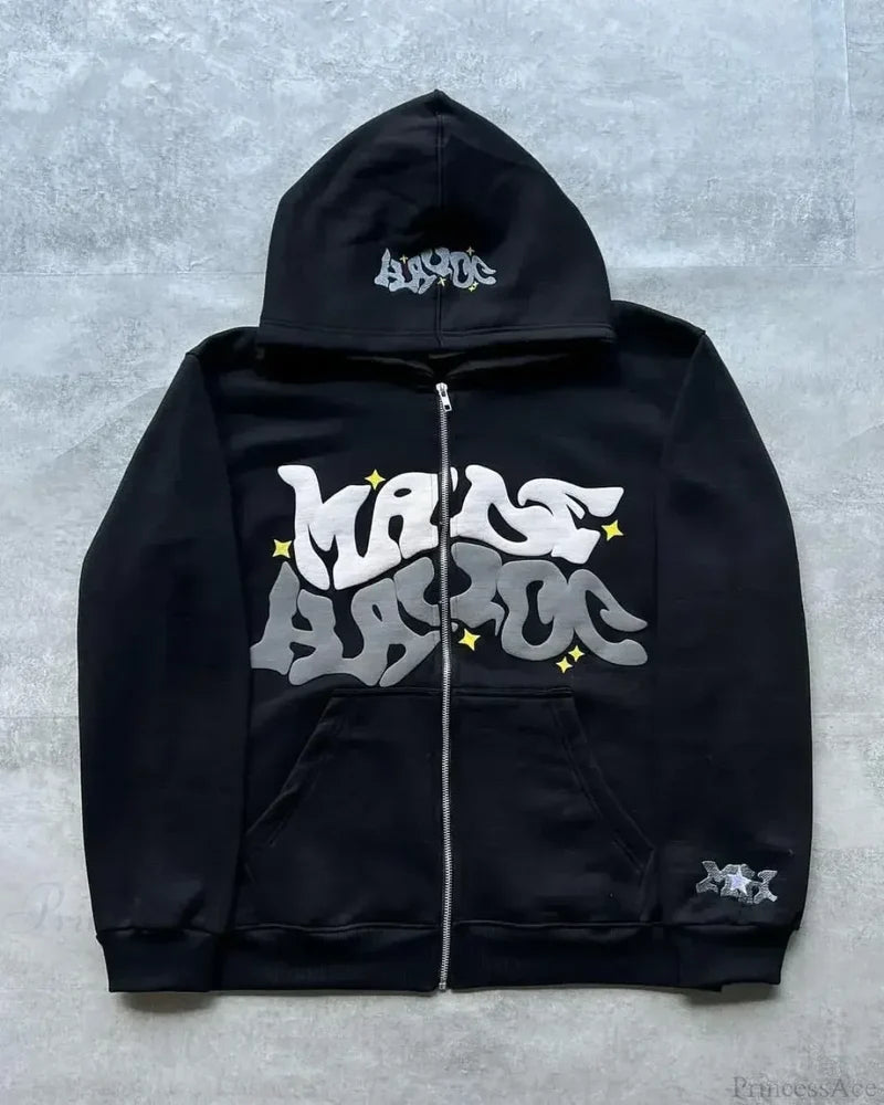 Washed Gothic Letter Zipper Hoodie black 5 / S