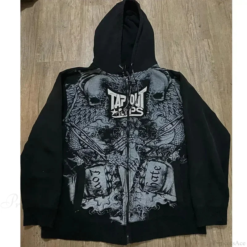 Washed Gothic Letter Zipper Hoodie black 6 / S