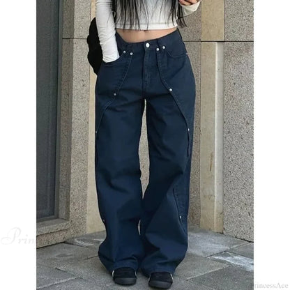 Washed Patchwork Y2K Women Jeans Pants navy / S