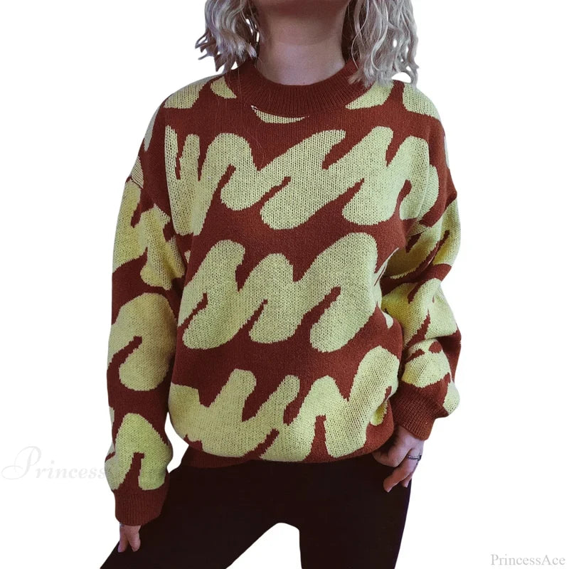 Wave Stripe Print Crew Neck Warm Sweater Yellow / S