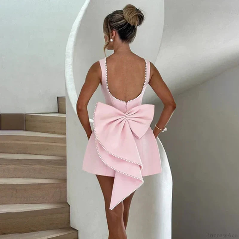 White Pearl Backless Party Dress Pink3 / Xs Partydress-241208