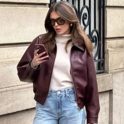 Wine Red Pu Leather Coat Burgundy / S Coats-241208