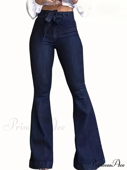 Women Fashion Blue Denim High-Stretch Bell Bottom Legs Pants Solid Color High Waist Flare Jeans