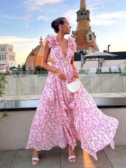 Women’s Holiday Party Dresses Sexy V Neck Backless Floral Ruffle Christmas Dress Dresses-L
