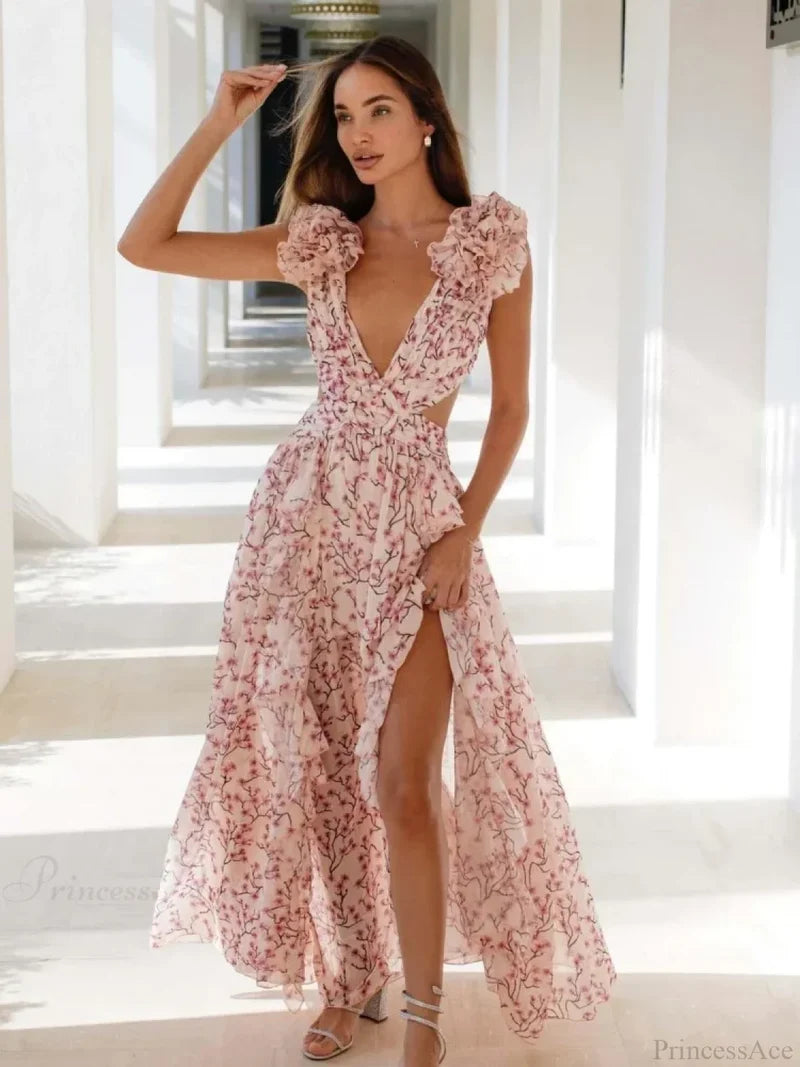 Women’s Holiday Party Dresses Sexy V Neck Backless Floral Ruffle Christmas Dress Pink / S Dresses-L