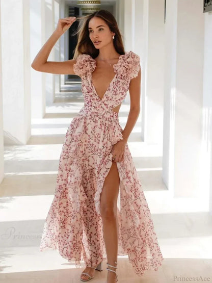 Women’s Holiday Party Dresses Sexy V Neck Backless Floral Ruffle Christmas Dress Pink / S Dresses-L