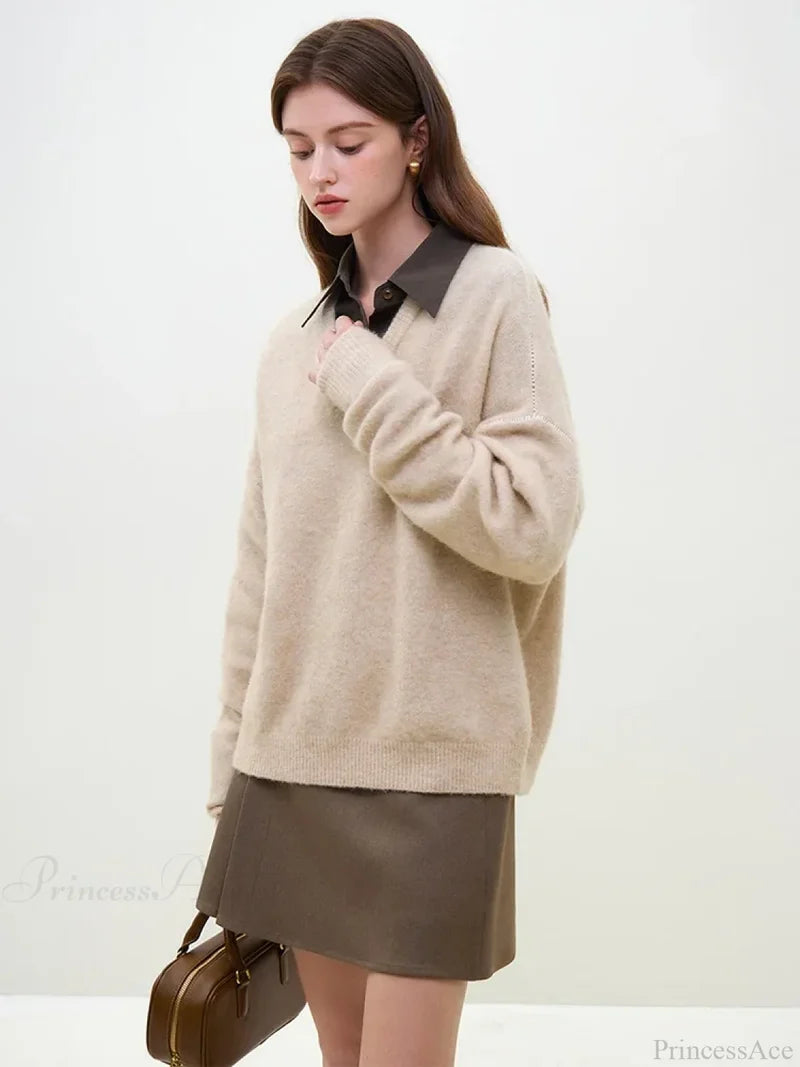 Wool Alpaca V-Neck Drop Sleeve Sweater Khaki / S