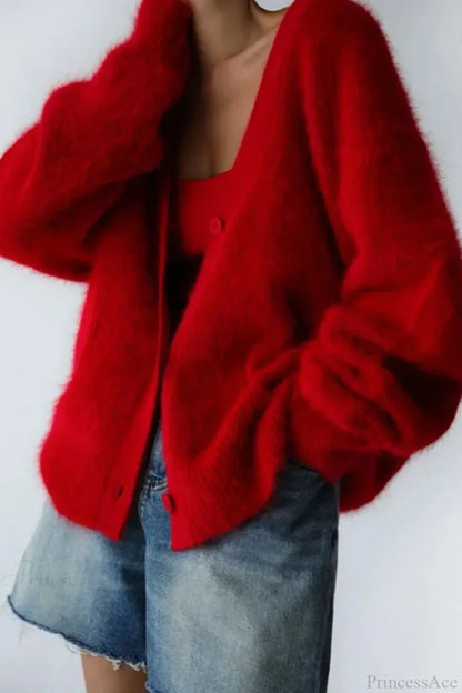 Wool Loose V-neck Long Sleeve Cardigan Red / S