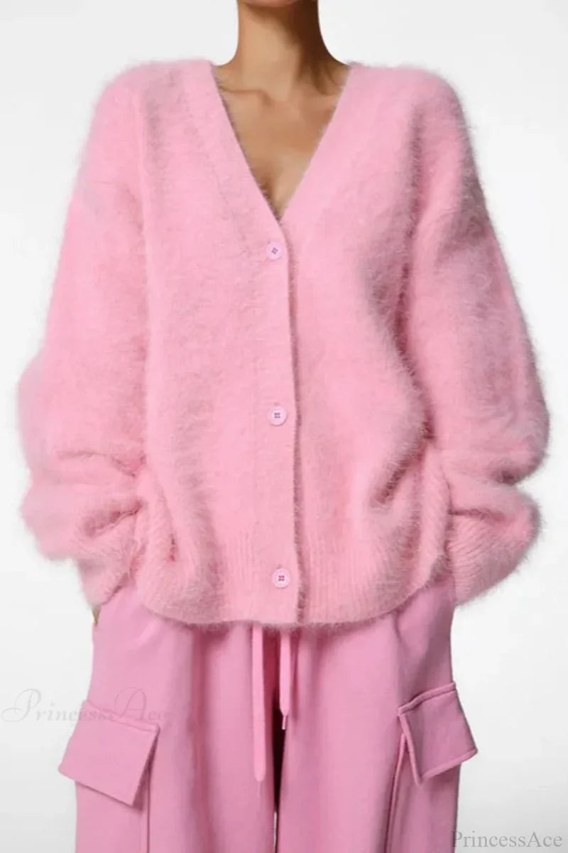 Wool Loose V-neck Long Sleeve Cardigan Pink / S