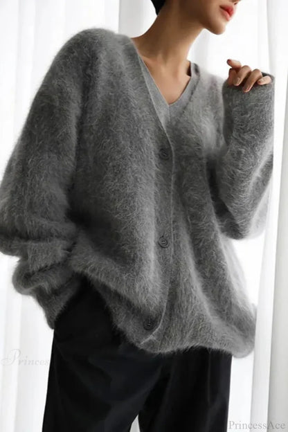 Wool Loose V-neck Long Sleeve Cardigan