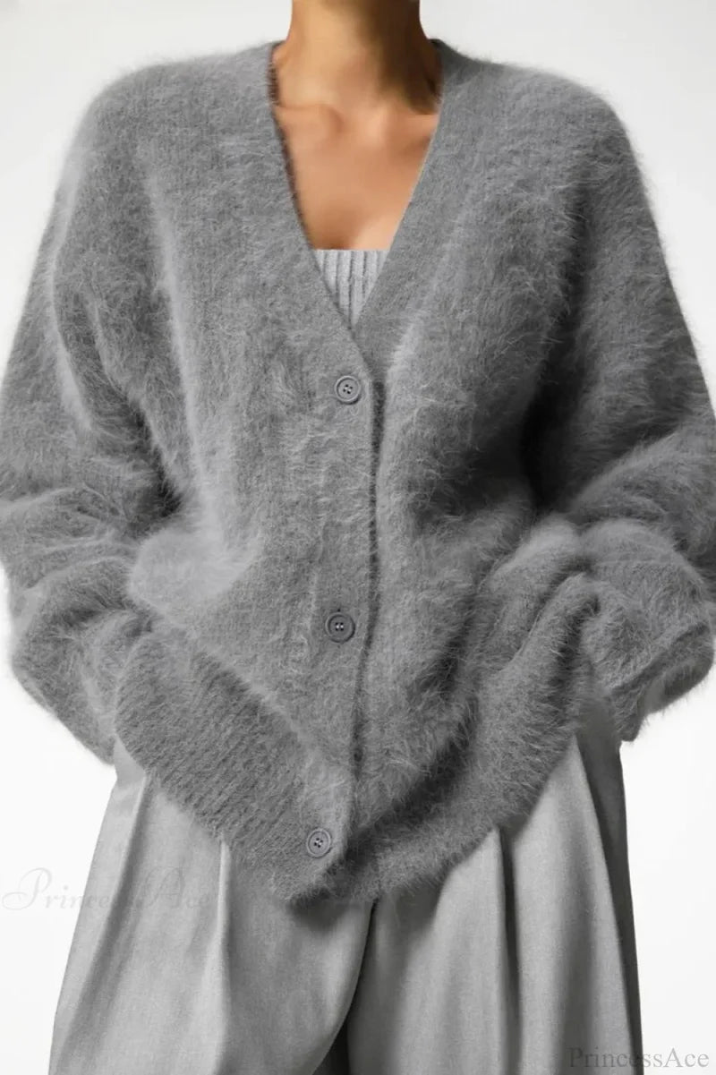 Wool Loose V-neck Long Sleeve Cardigan Dark Grey / S