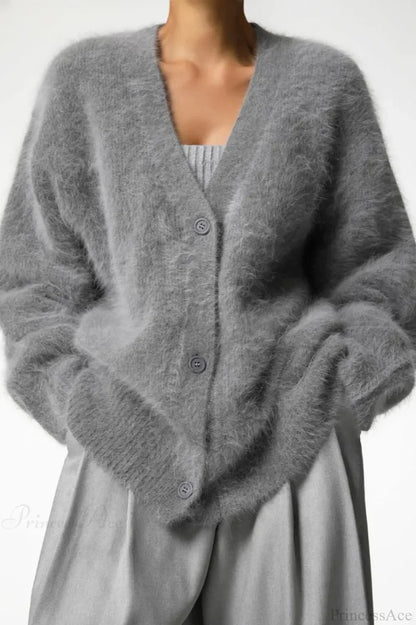 Wool Loose V-neck Long Sleeve Cardigan Dark Grey / S