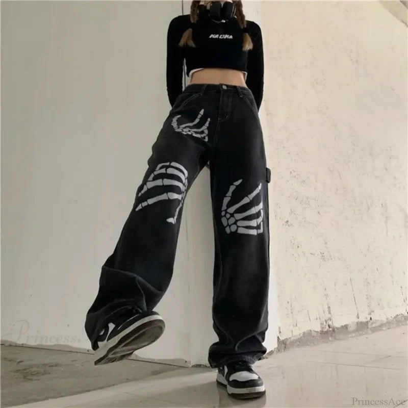 Y2K Black Jeans Print Street Pants
