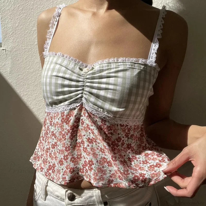 Y2K Lace Trim Plaid Floral Sleeveless Crop Top pink / S croptop-250126