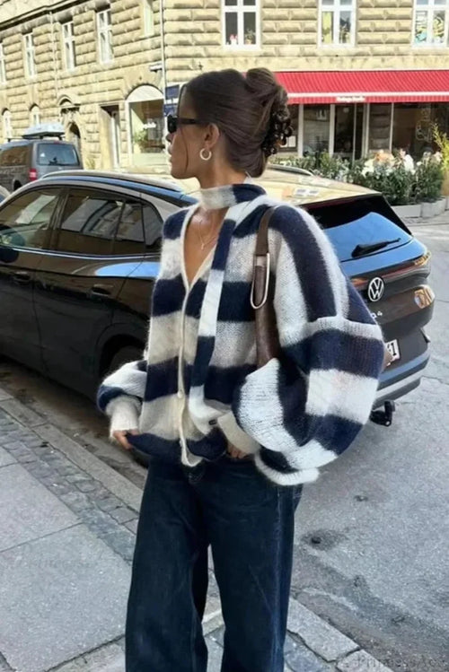 Y2K Striped Loose Cardigan Sweater Navy Blue / S