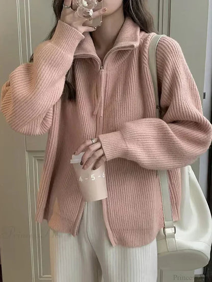 Zippered Knit Cardigan Pink / One Size
