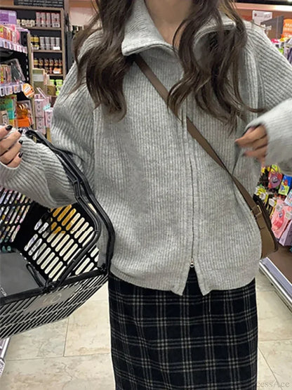 Zippered Knit Cardigan GRAY / One Size