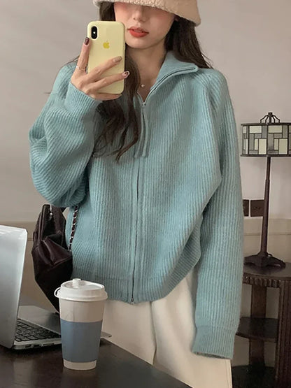 Zippered Knit Cardigan Blue / One Size